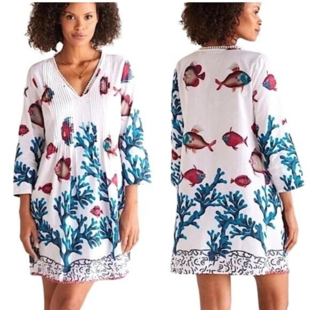 Soft Surroundings Seychelles fish print embroidered Red White V-Neck Mini Dress
